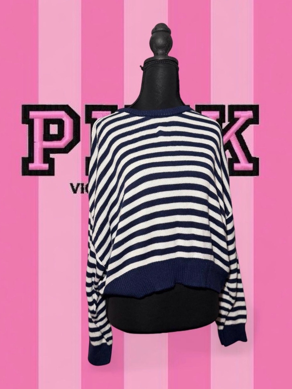 PINK Victoria's Secret Navy and White Striped Crewneck Sweater